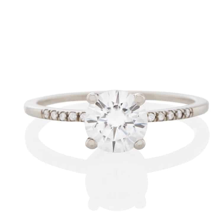 Vale Jewelry Estee Ring with 1.00 carat Brilliant Cut White Diamond and White Diamond Pave Accents in 14 Karat White Gold Front View