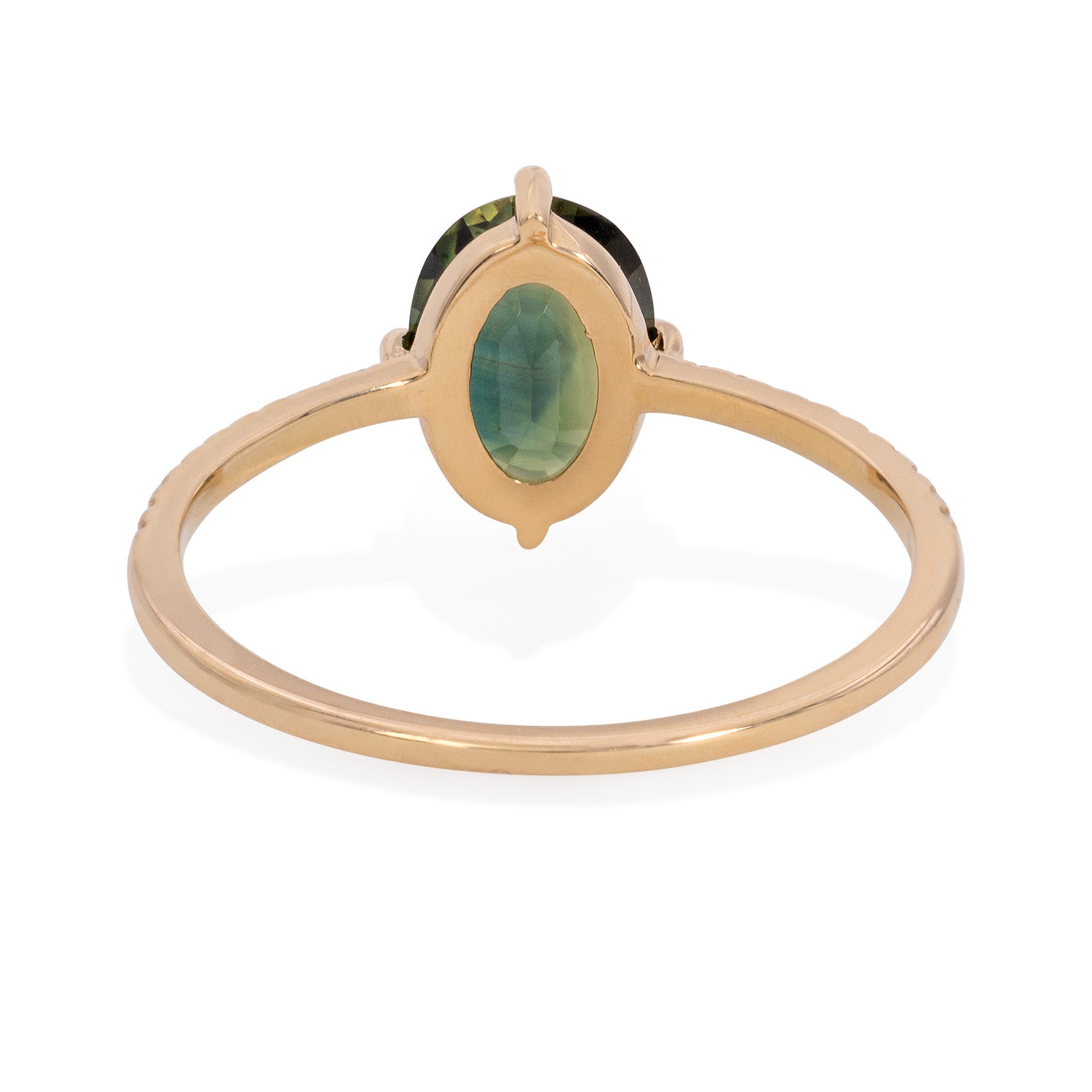 Vale Jewelry Evelina Ring with Oval Parti Sapphire and White Diamond Pave Accents in 14K Yellow Gold Back View