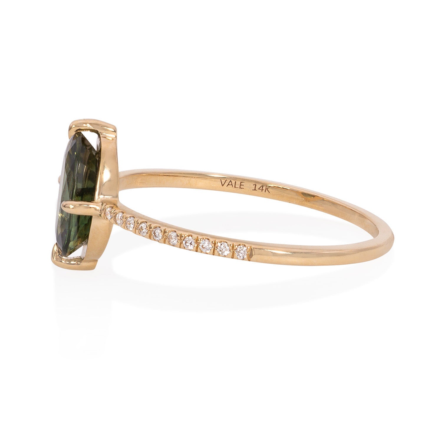 Vale Jewelry Evelina Ring with Oval Parti Sapphire and White Diamond Pave Accents in 14K Yellow Gold Side View