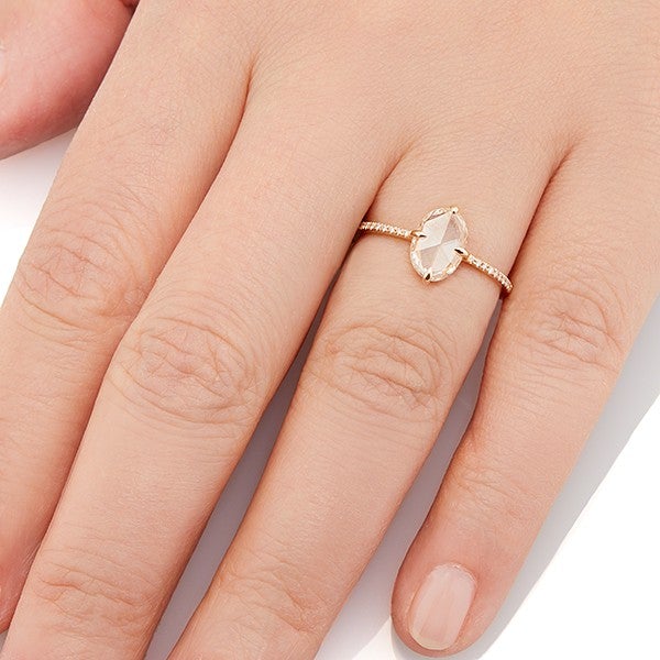Vale Jewelry Evelina Ring with White Oval Rose Cut Diamond Center and White Pave Diamond Accents in 14K Yellow Gold Hand View