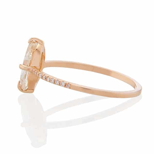 Vale Jewelry Evelina Ring with White Oval Rose Cut Diamond Center and White Pave Diamond Accents in 14K Yellow Gold Side View