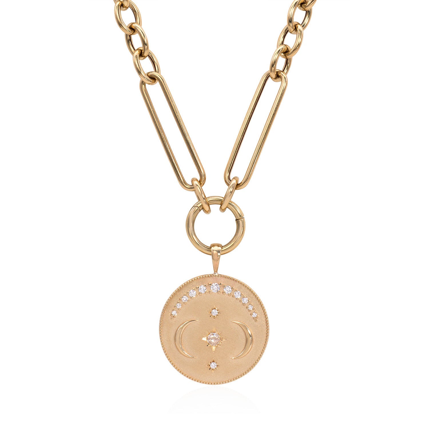 Vale Jewelry Evelyne Pendant with White Rose Cut Diamond Center and White Diamond Accents on Chunky Link Chain in 14 Karat Yellow Gold Close Up View
