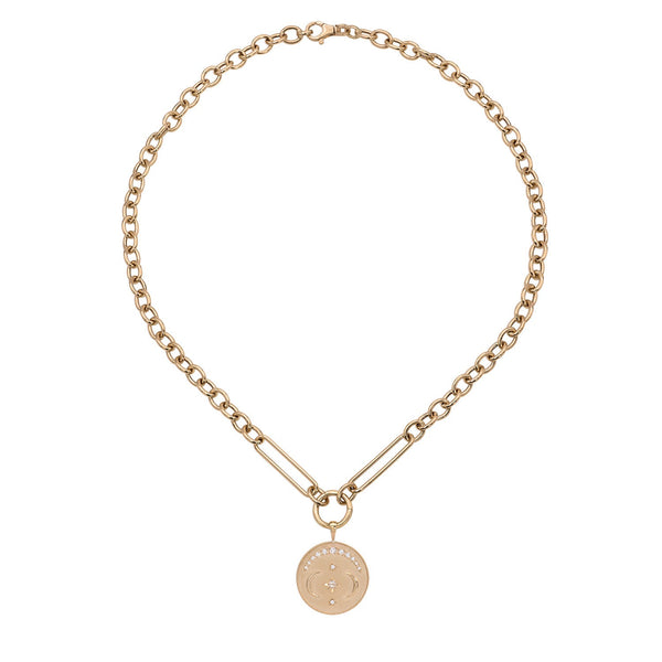 Vale Jewelry Evelyne Pendant with White Rose Cut Diamond Center and White Diamond Accents on Chunky Link Chain in 14 Karat Yellow Gold Full Circle