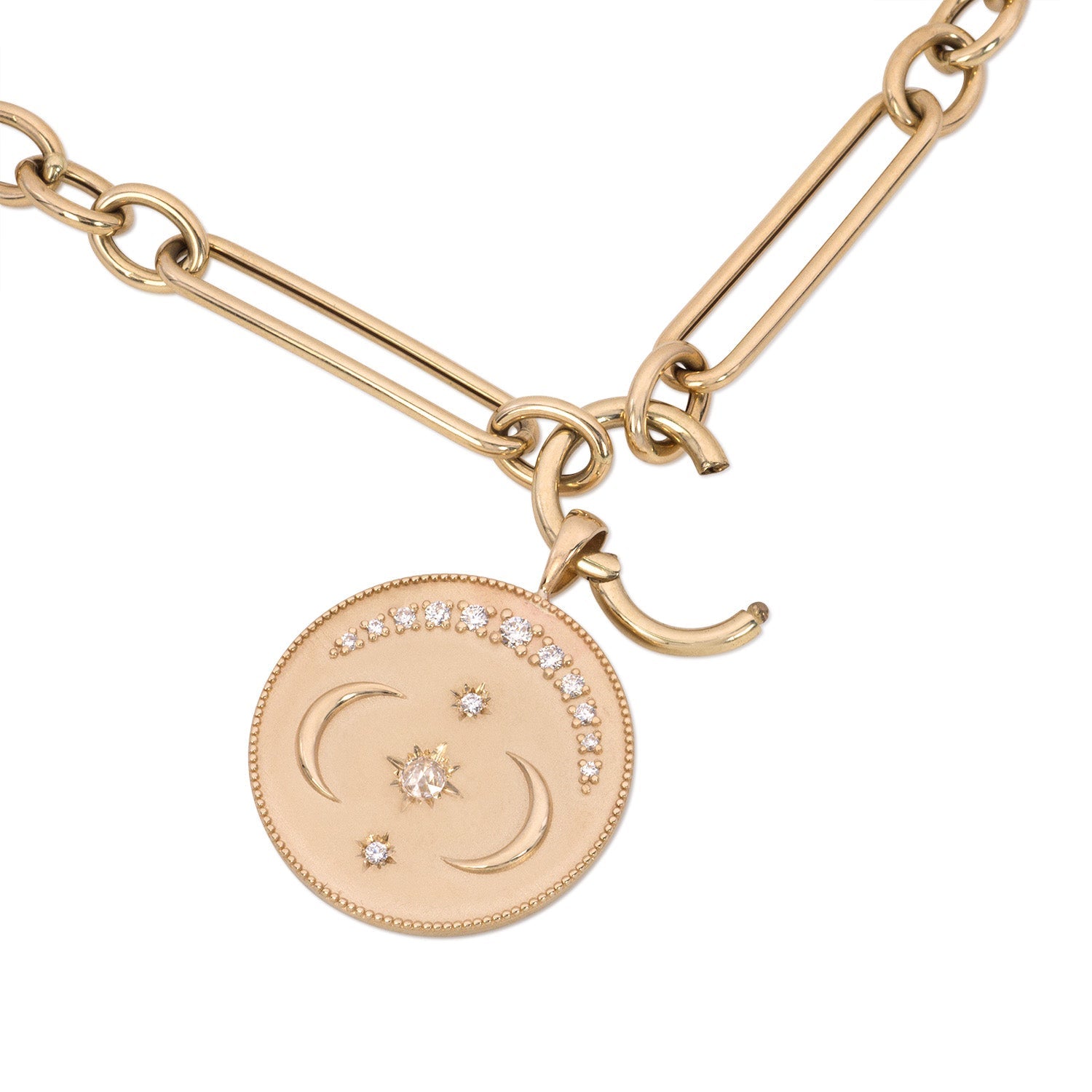 Vale Jewelry Evelyne Pendant with White Rose Cut Diamond Center and White Diamond Accents on Chunky Link Chain in 14 Karat Yellow Gold Open Ring View
