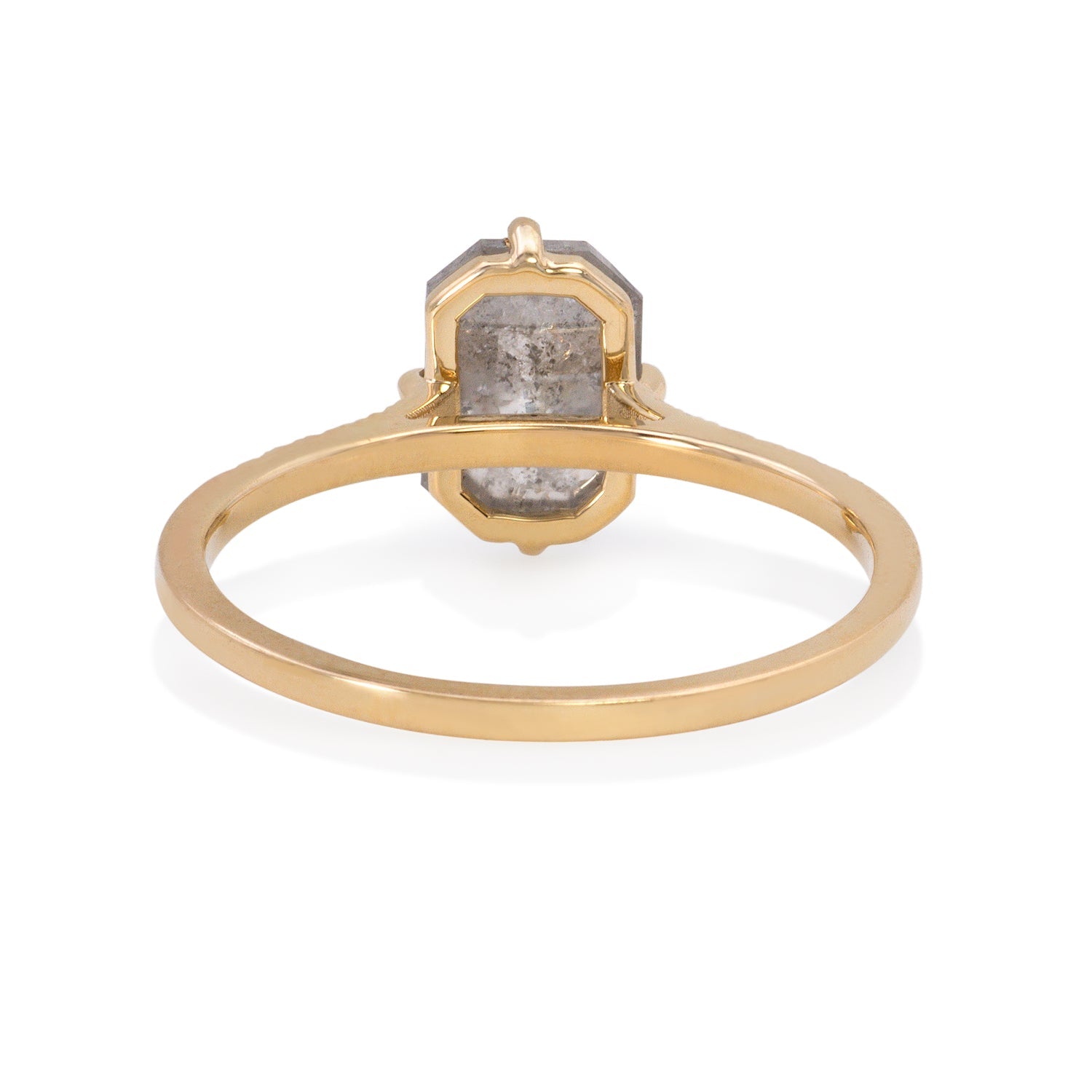 Vale Jewelry Fira Ring with Emerald Cut Grey Diamond Center and White Diamond Pave Accents in 14 Karat Yellow Gold Back View