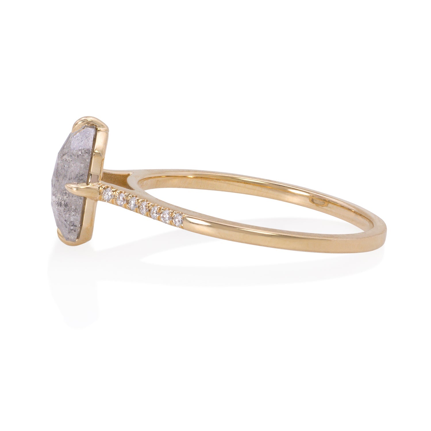 Vale Jewelry Fira Ring with Emerald Cut Grey Diamond Center and White Diamond Pave Accents in 14 Karat Yellow Gold Side View
