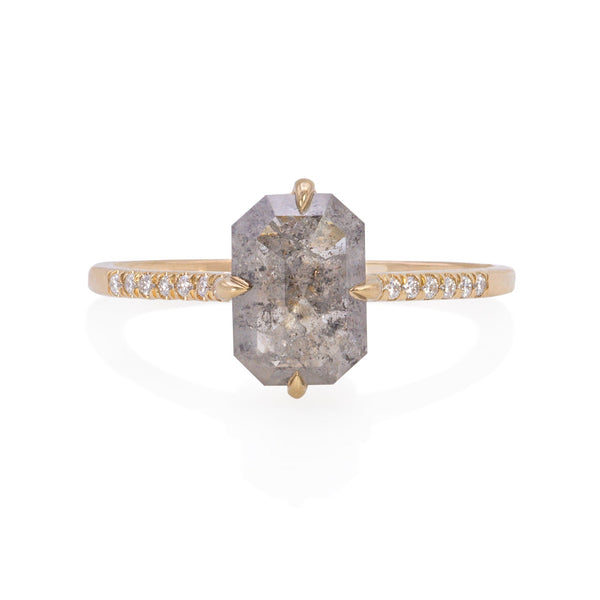 Vale Jewelry Fira Ring with Emerald Cut Grey Diamond Center and White Diamond Pave Accents in 14 Karat Yellow Gold Front View