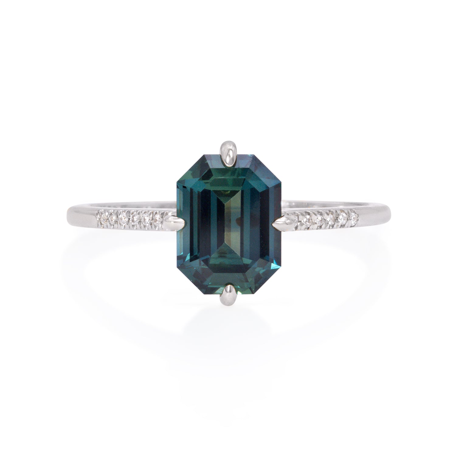 Vale Jewelry Fira Ring with Emerald Cut Parti Sapphire Center and White Diamond Pave Accents in 14 Karat White Gold Front View