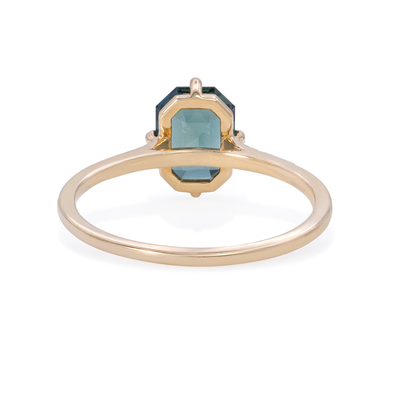 Vale Jewelry Fira Ring with Emerald Cut Parti Sapphire Center and White Diamond Pave Accents in 14 Karat Yellow Gold Back View