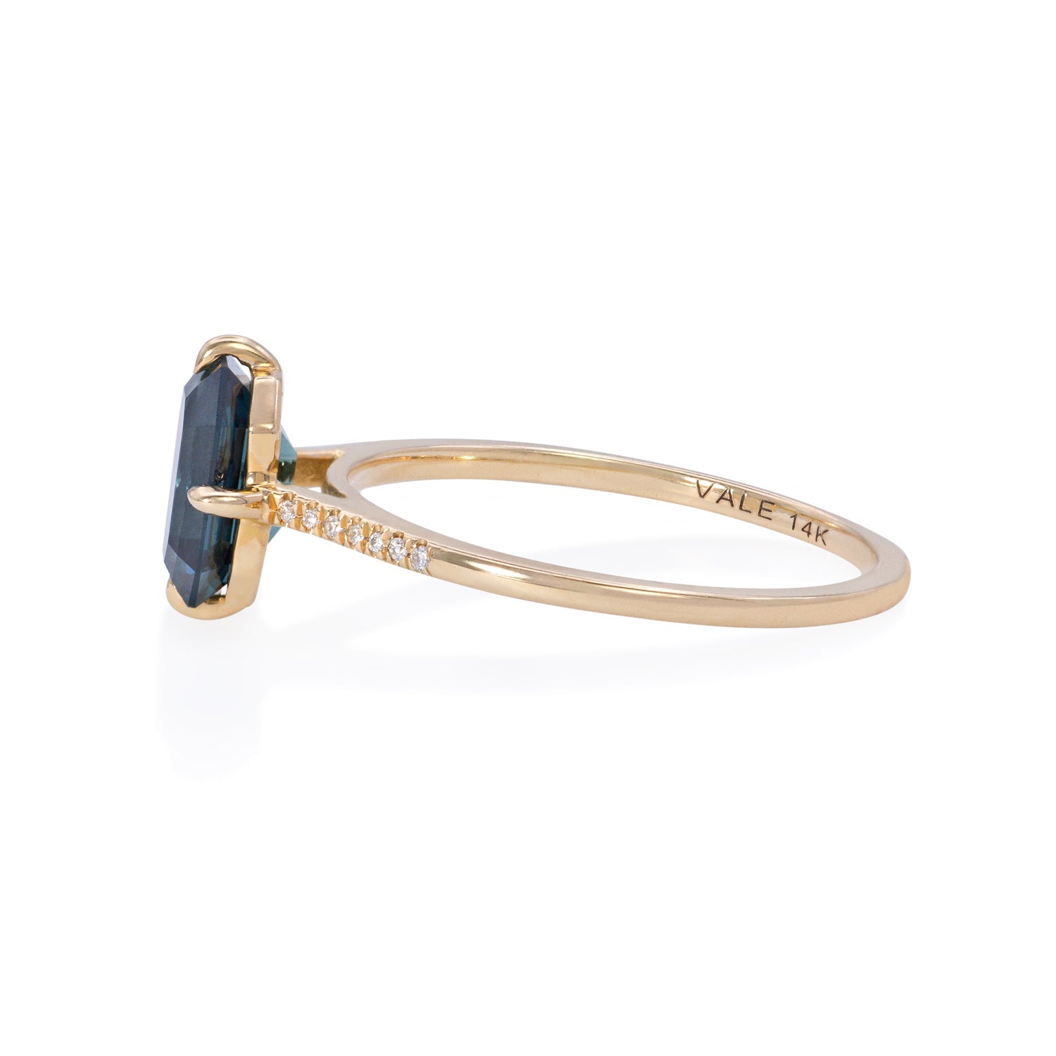 Vale Jewelry Fira Ring with Emerald Cut Parti Sapphire Center and White Diamond Pave Accents in 14 Karat Yellow Gold Side View