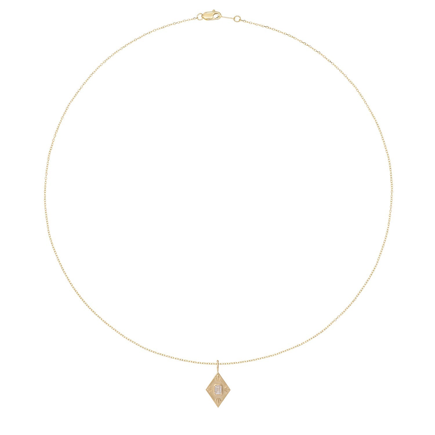 Vale Jewelry Fleche Amulet with White Emerald Cut Diamond on Diamond Cut Cable Chain in 14 Karat Yellow Gold Full View