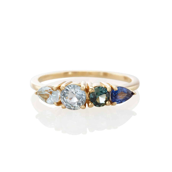 Vale Jewelry Harmony Ring with Multi-Color Round and Pear Shape Blue Sapphires in 14 Karat Yellow Gold Front View