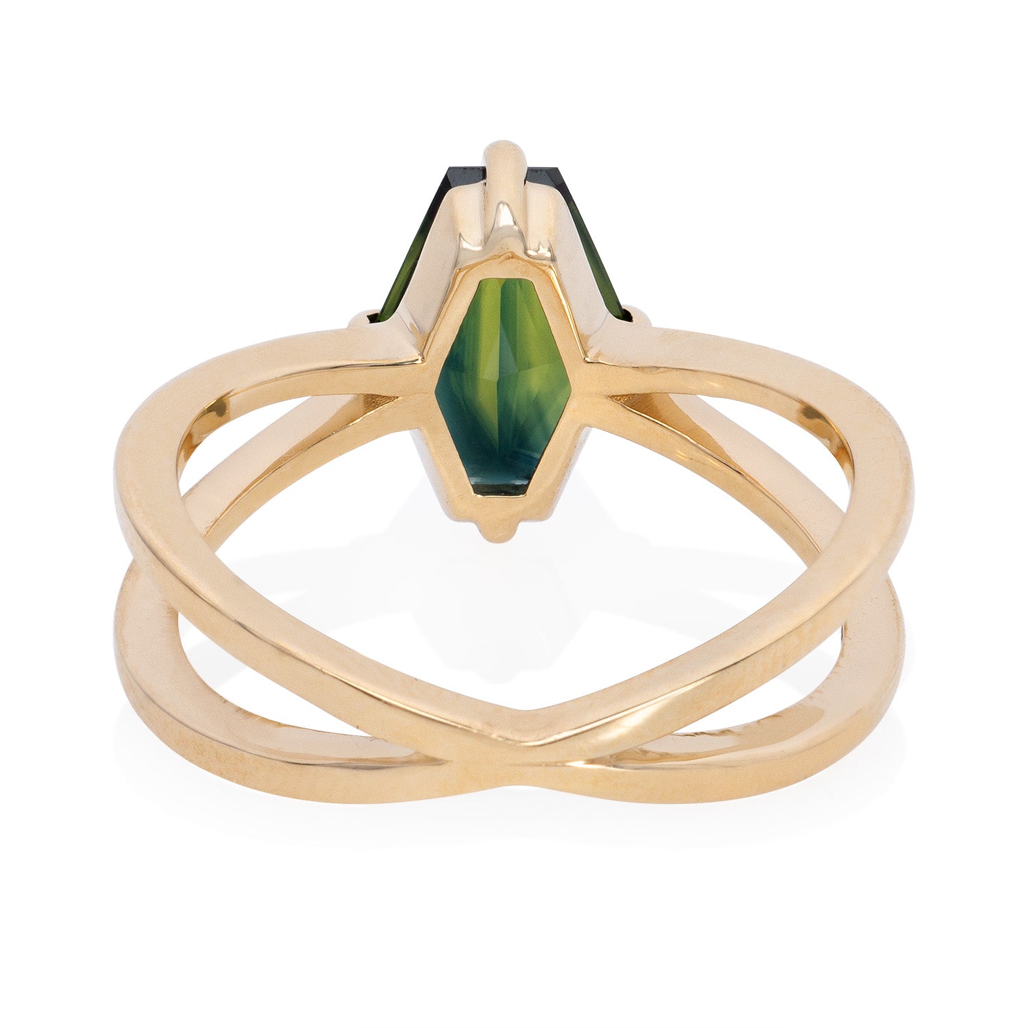 Vale Jewelry Hexagon Parti Sapphire X Shape Ring in 14 Karat Yellow Gold Back View