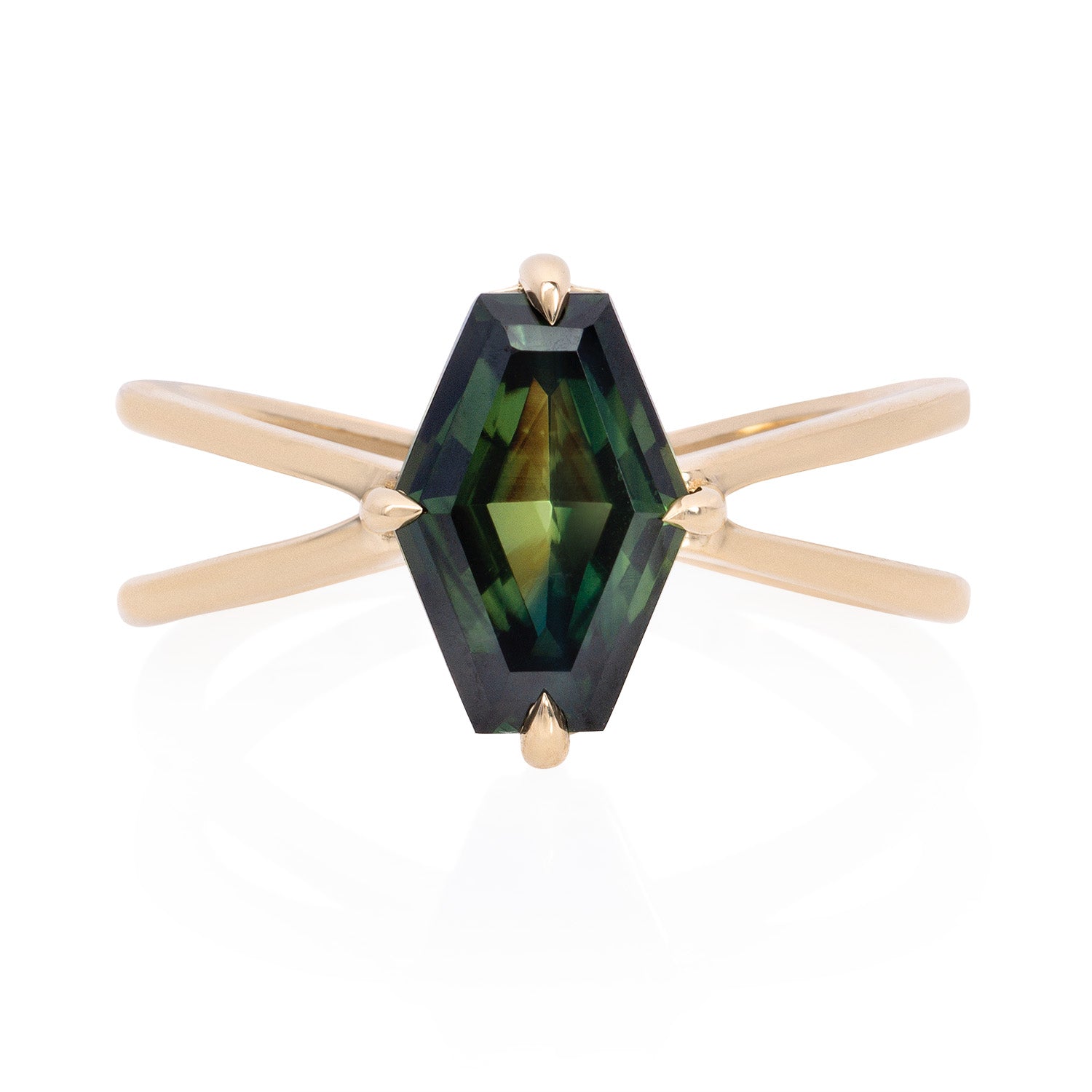 Vale Jewelry Hexagon Parti Sapphire X Shape Ring in 14 Karat Yellow Gold Front View