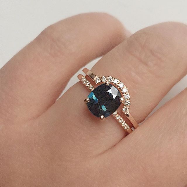 Vale Jewelry Hyeres Ring with Cushion Cut Parti Sapphire and White Diamond Pave Accents with White Diamond Contour Band in 14 Karat Yellow Gold Wedding Set View