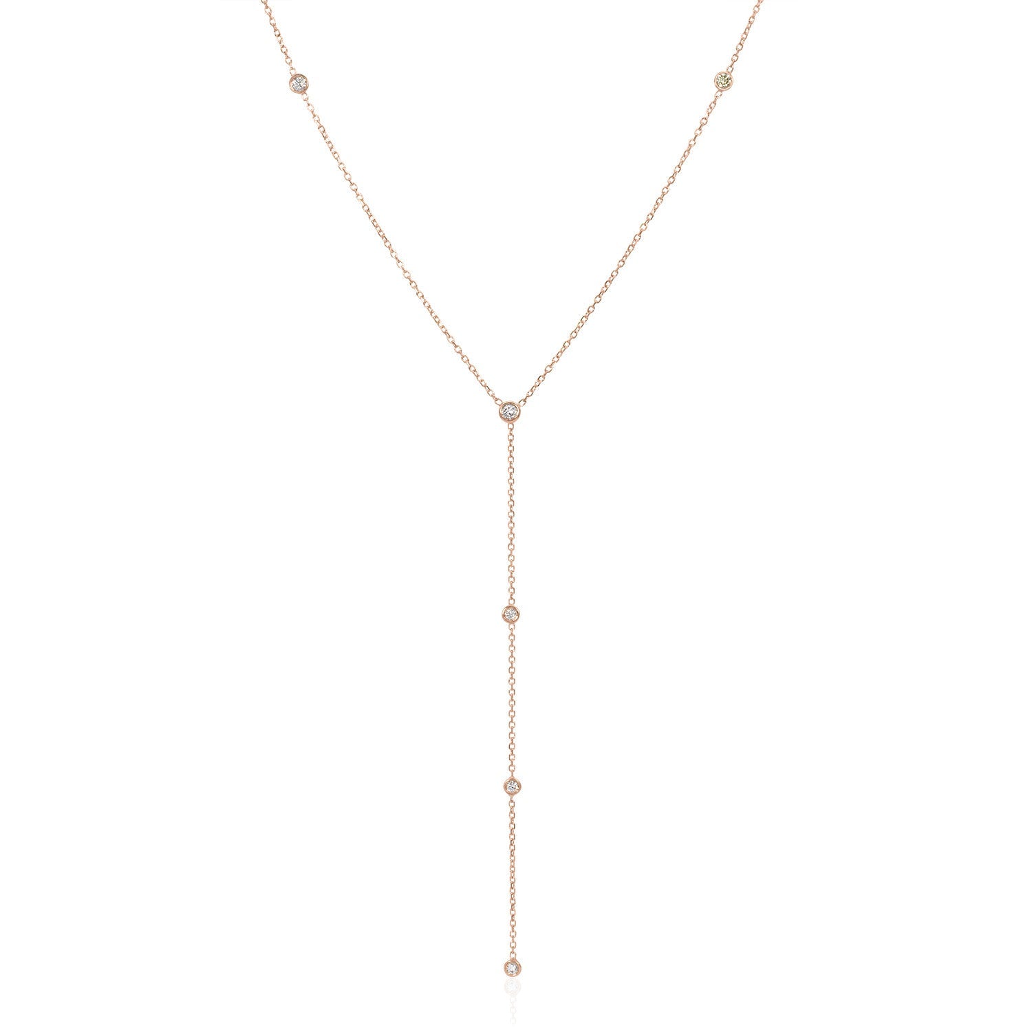 Vale Jewelry Josephine Y Necklace with Bezel Set White Diamonds in 14 Karat Rose Gold Close Up