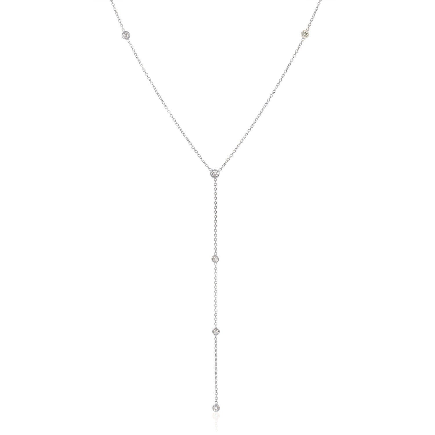 Vale Jewelry Josephine Y Necklace with Bezel Set White Diamonds in 14 Karat White Gold Close Up