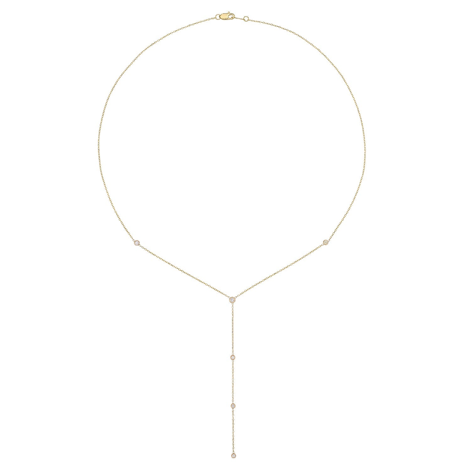 Vale Jewelry Josephine Y Necklace with Bezel Set White Diamonds in 14 Karat Yellow Gold Full View