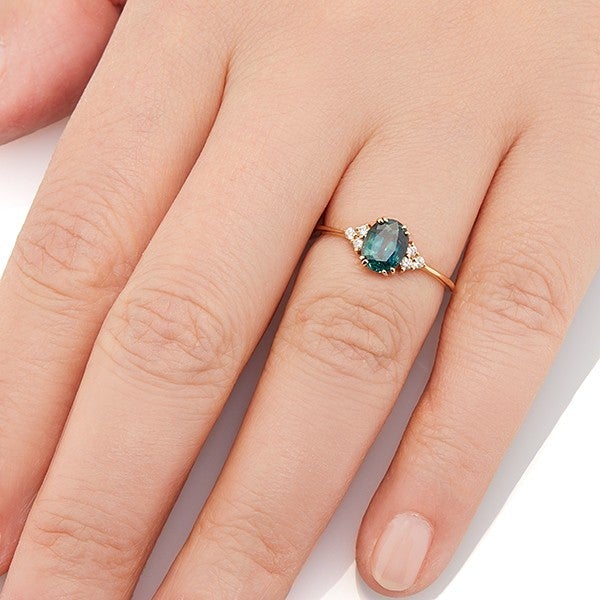 Vale Jewelry Juno Ring with Oval Parti Sapphire Center and White Diamond Accents in 14 Karat Yellow Gold Hand View