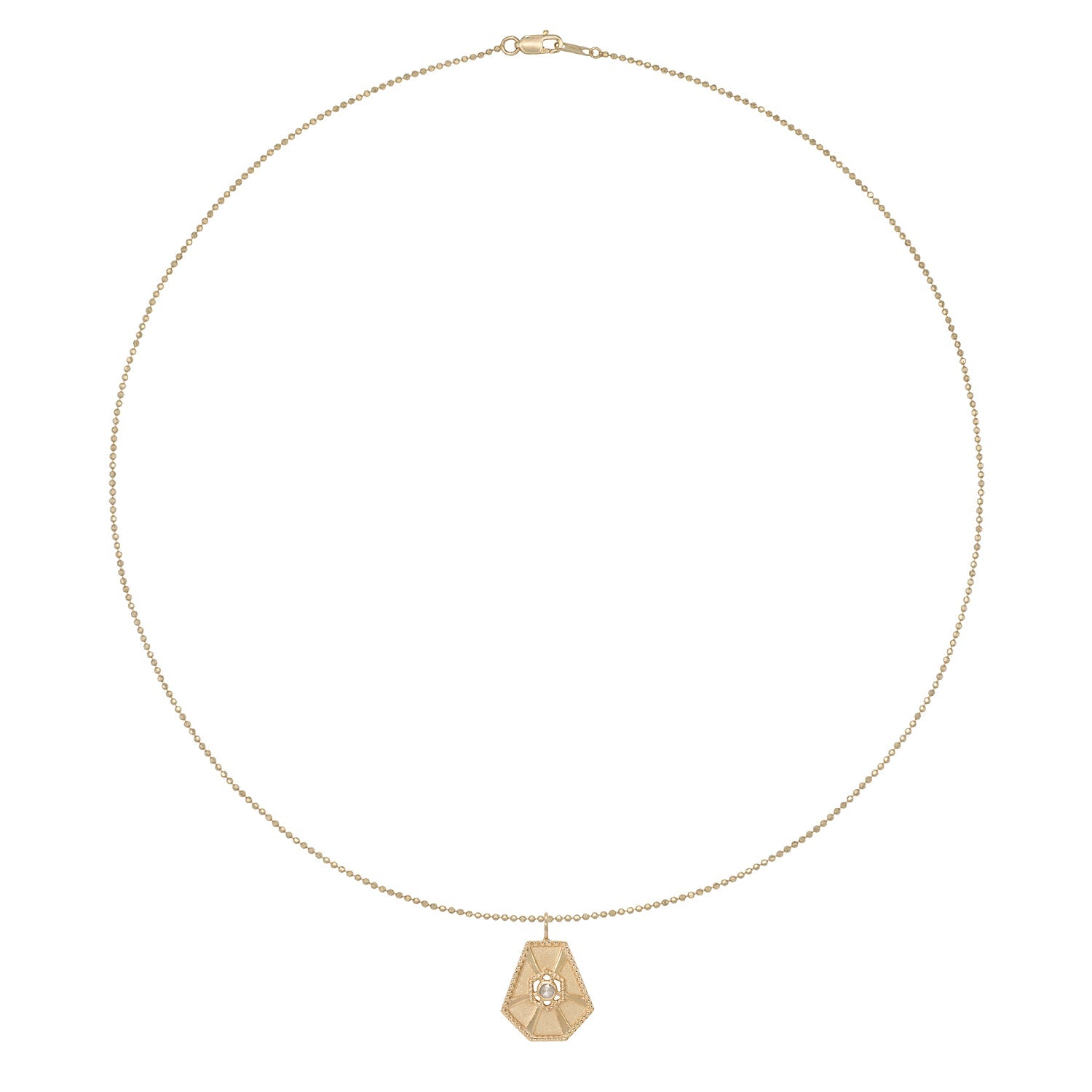 Hexagon Amulet with Rose Cut Diamond on Faceted Bead Chain in 14 Karat Yellow Gold Full View