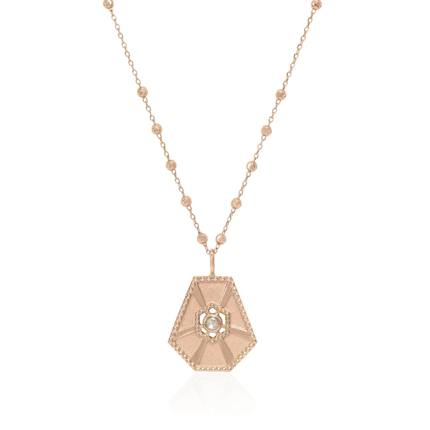 Vale Jewelry Large Arcadia Pendant with White Rose Cut Diamond on Rosary Chain in 14 Karat Rose Gold Close Up