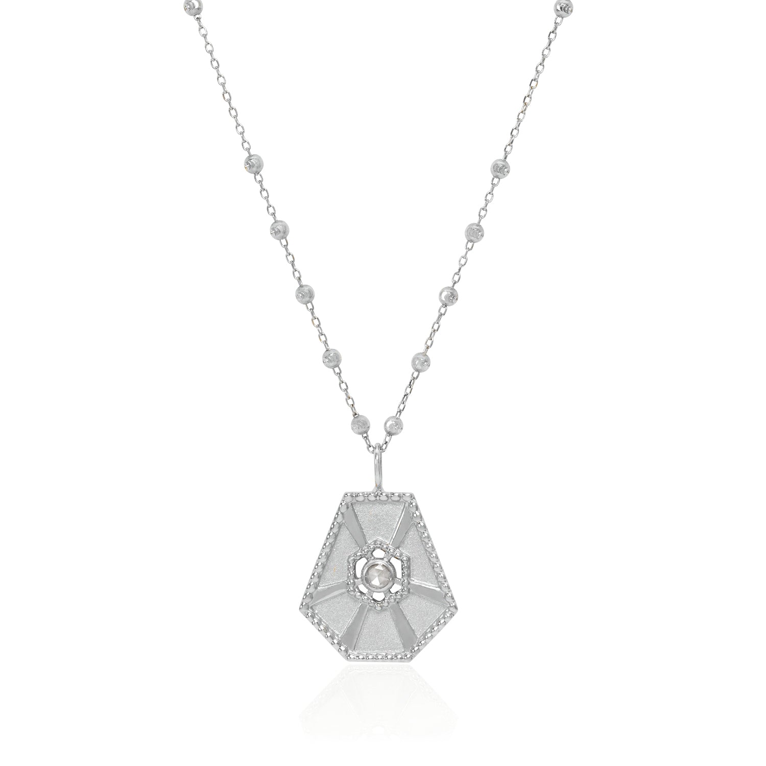 Vale Jewelry Large Arcadia Pendant with White Rose Cut Diamond on Rosary Chain in 14 Karat White Gold Close Up