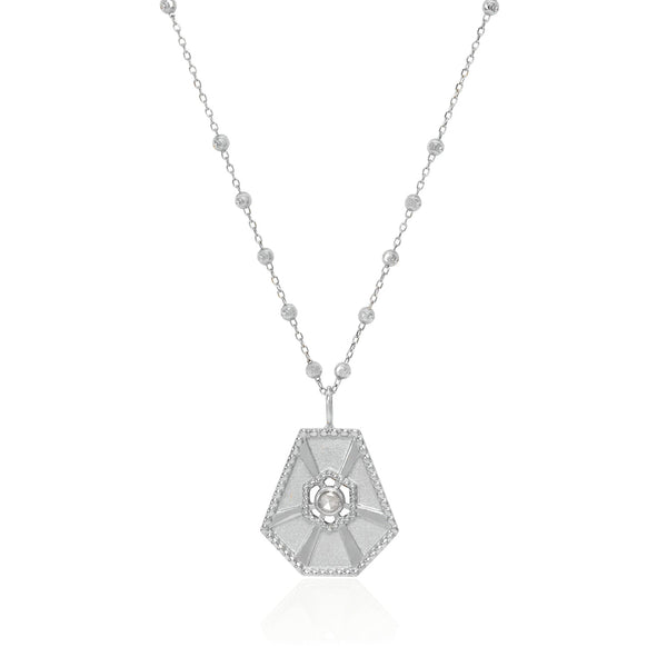 Vale Jewelry Large Arcadia Pendant with White Rose Cut Diamond on Rosary Chain in 14 Karat White Gold Close Up 