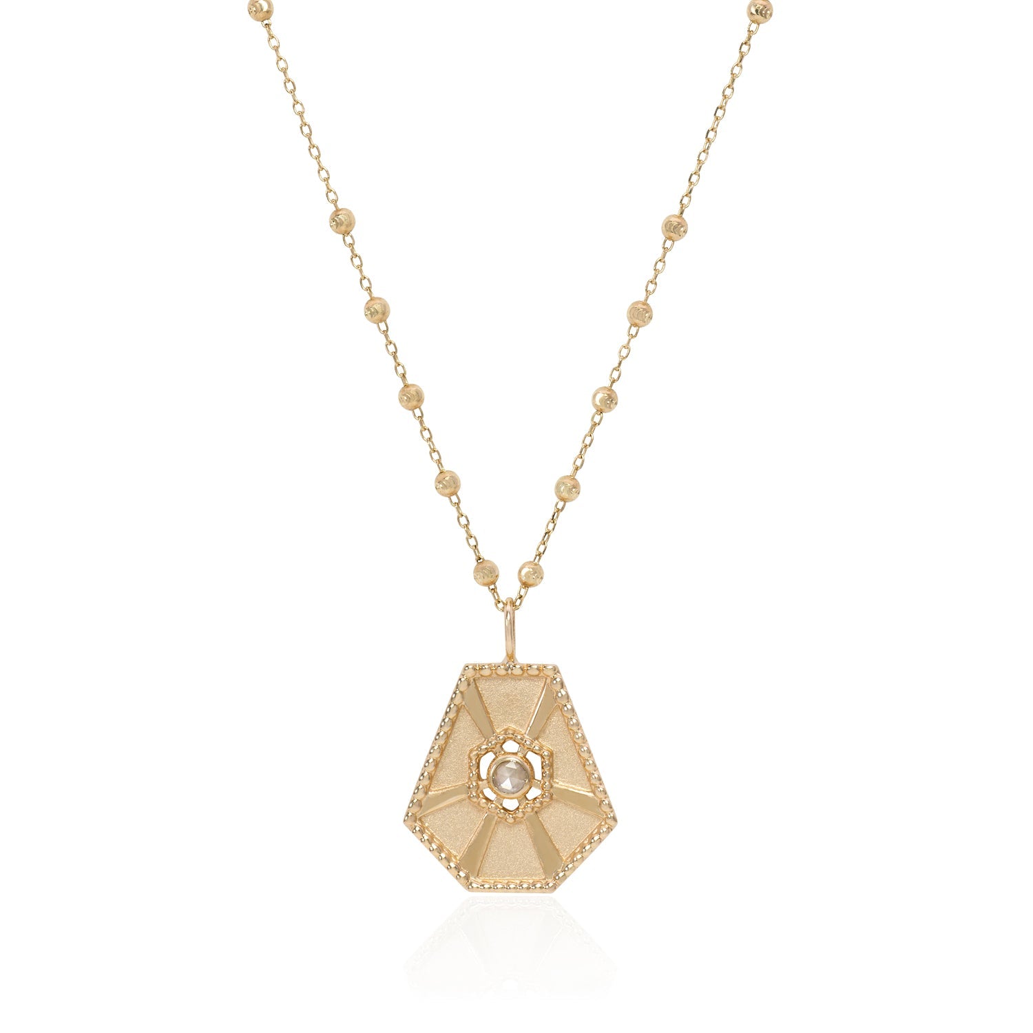 Vale Jewelry Large Arcadia Pendant with White Rose Cut Diamond on Rosary Chain in 14 Karat Yellow Gold Close Up