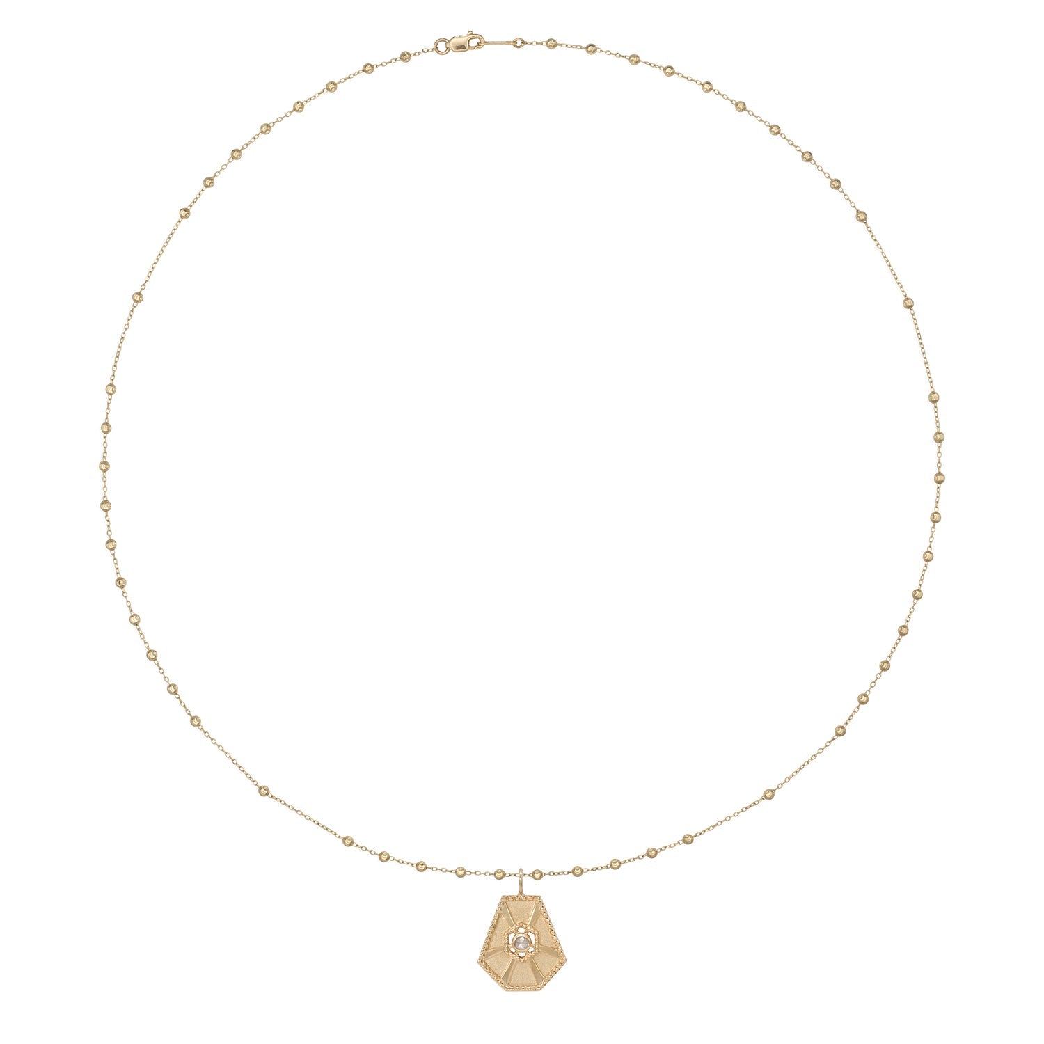 Vale Jewelry Large Arcadia Pendant with White Rose Cut Diamond on Rosary Chain in 14 Karat Yellow Gold Full View