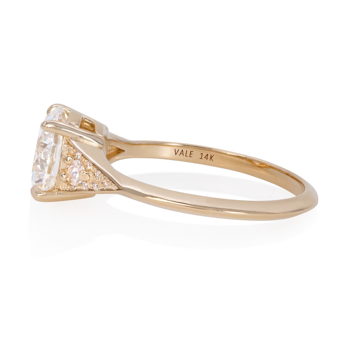 Vale Jewelry Large Sandrine Ring with 2.00 carat Round Brilliant Cut Diamond and White Diamond Rose Cut and Pave Accents in 14 Karat Yellow Gold Side View