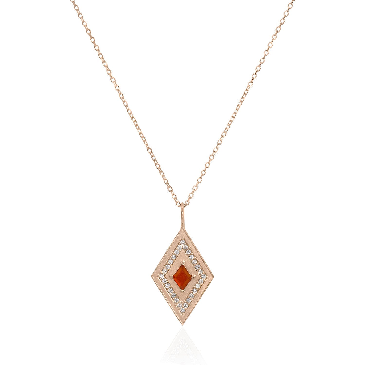 Vale Jewelry Large Theodora Necklace with Kite Cut Carnelian Center and White Diamond Pave Accents in 14 Karat Rose Gold Close Up