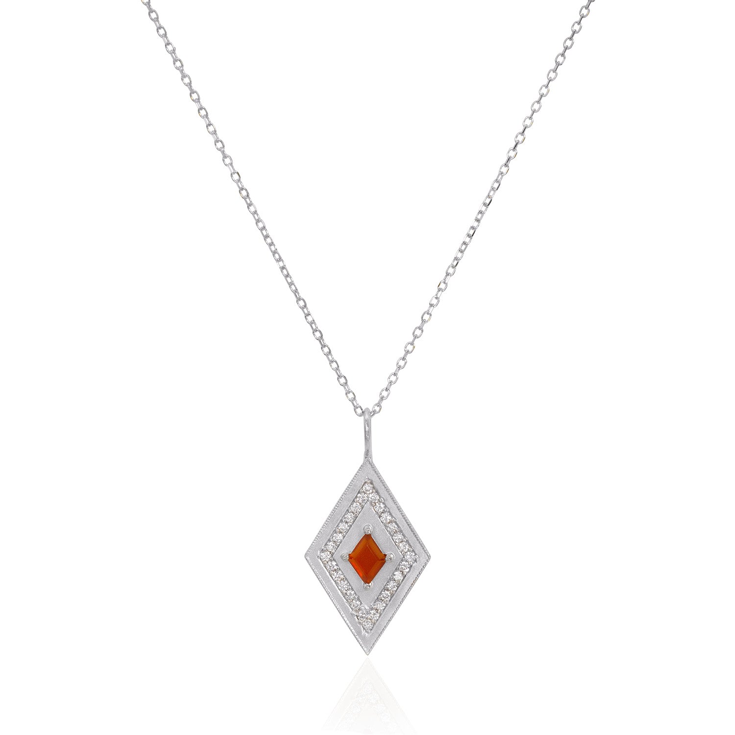 Vale Jewelry Large Theodora Necklace with Kite Cut Carnelian Center and White Diamond Pave Accents in 14 Karat White Gold Close Up