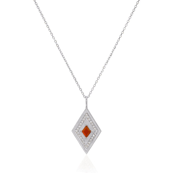 Vale Jewelry Large Theodora Necklace with Kite Cut Carnelian Center and White Diamond Pave Accents in 14 Karat White Gold Close Up