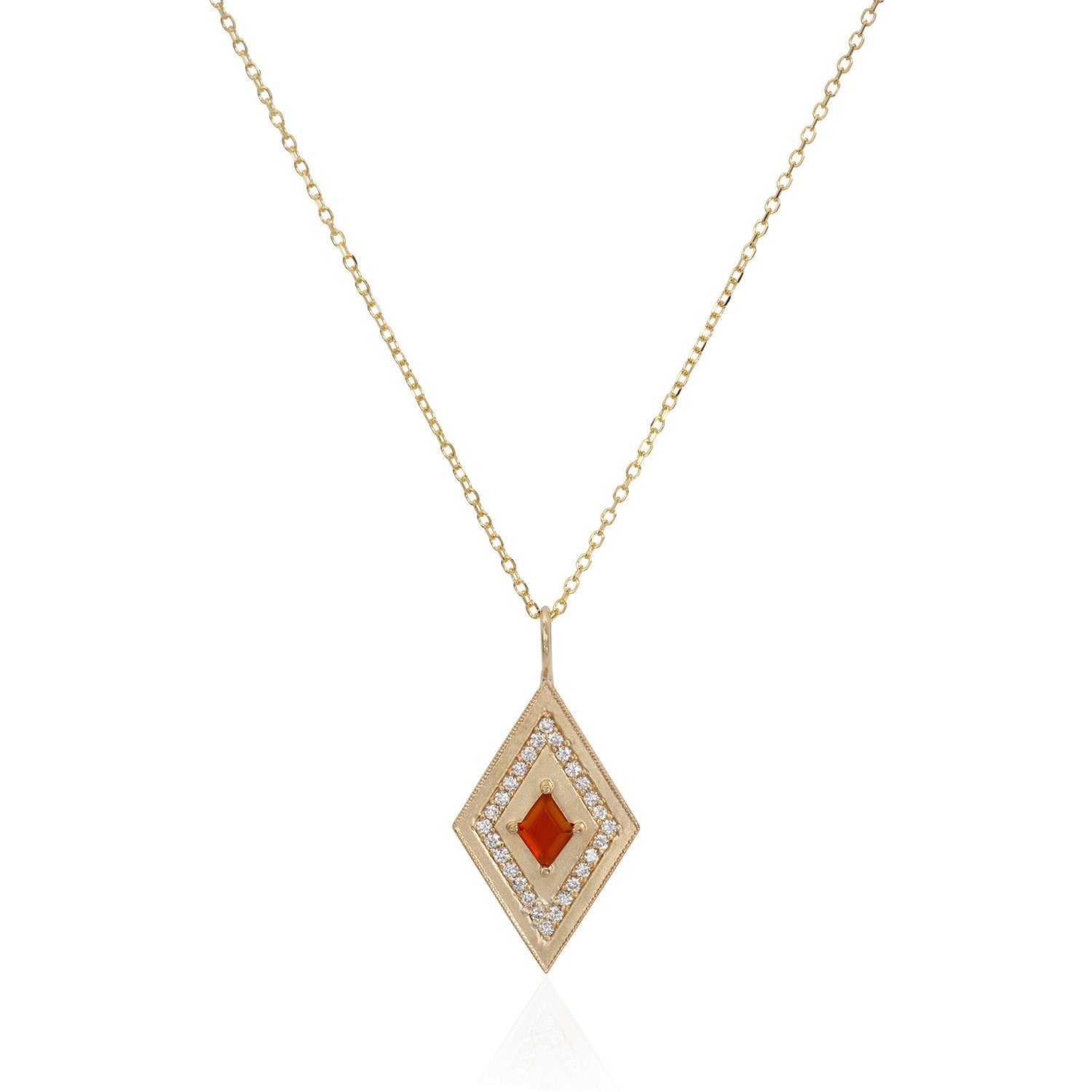 Vale Jewelry Large Theodora Necklace with Kite Cut Carnelian Center and White Diamond Pave Accents in 14 Karat Yellow Gold Close Up