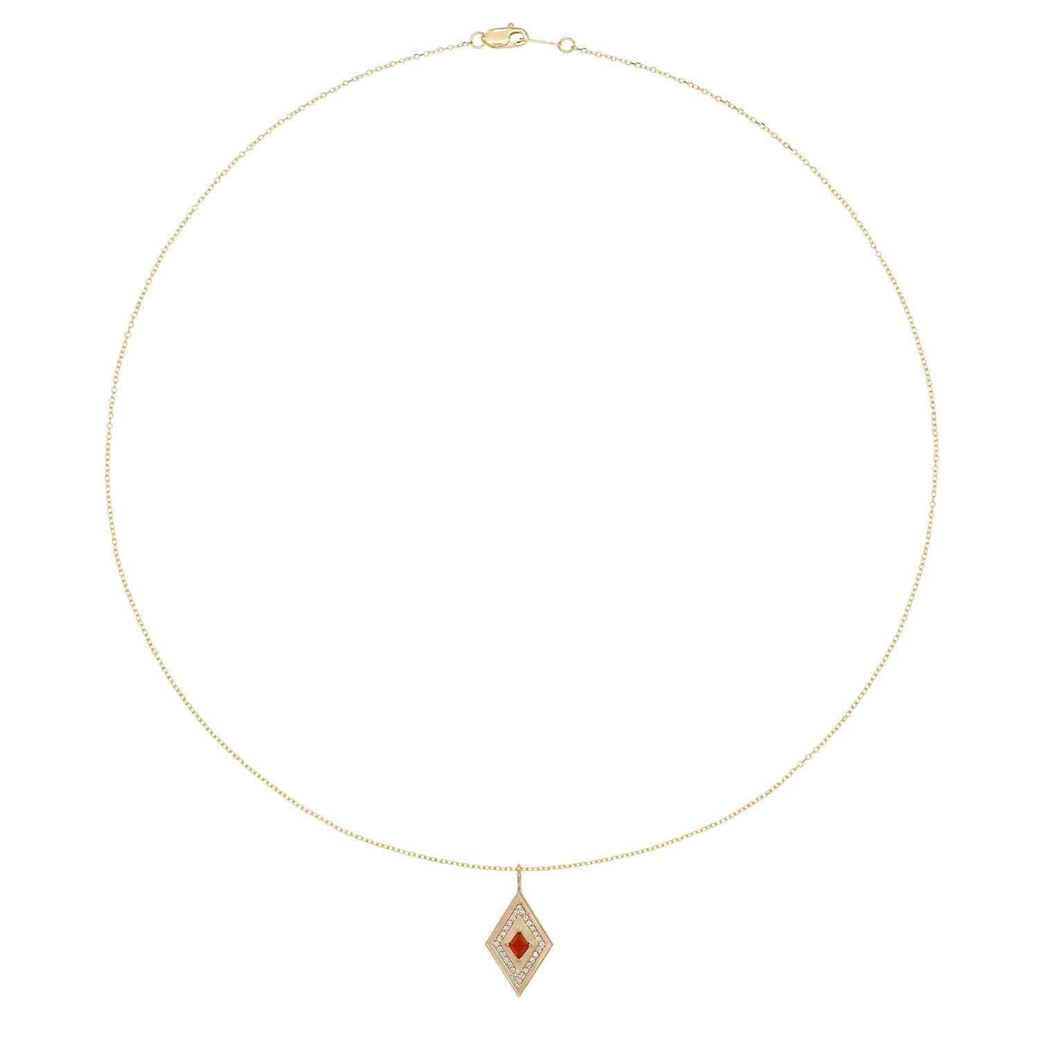 Vale Jewelry Large Theodora Necklace with Kite Cut Carnelian Center and White Diamond Pave Accents in 14 Karat Yellow Gold Full View