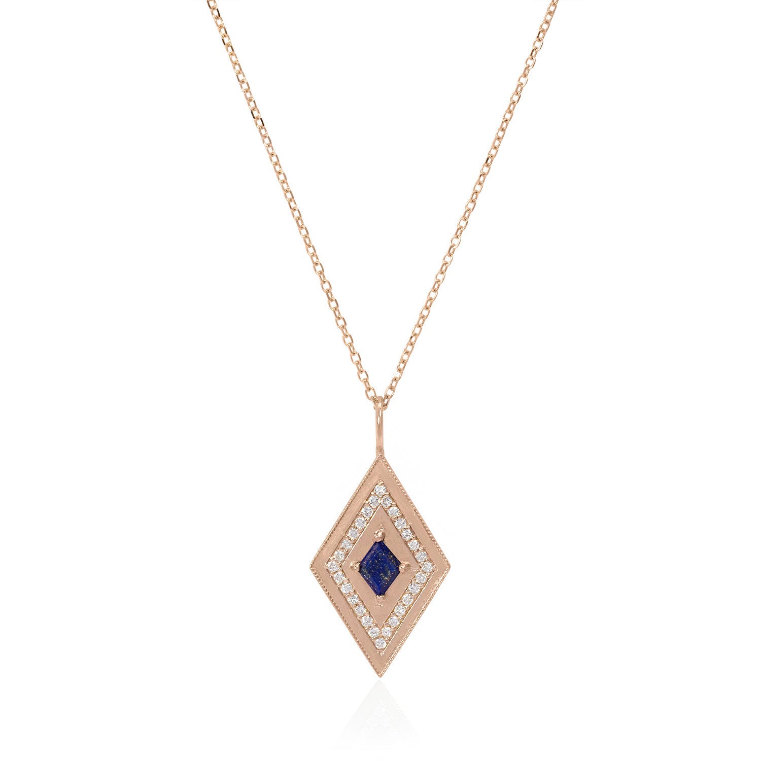 Vale Jewelry Large Theodora Necklace with Kite Cut Lapis Lazuli Center and White Diamond Pave Accents in 14 Karat Rose Gold Close Up