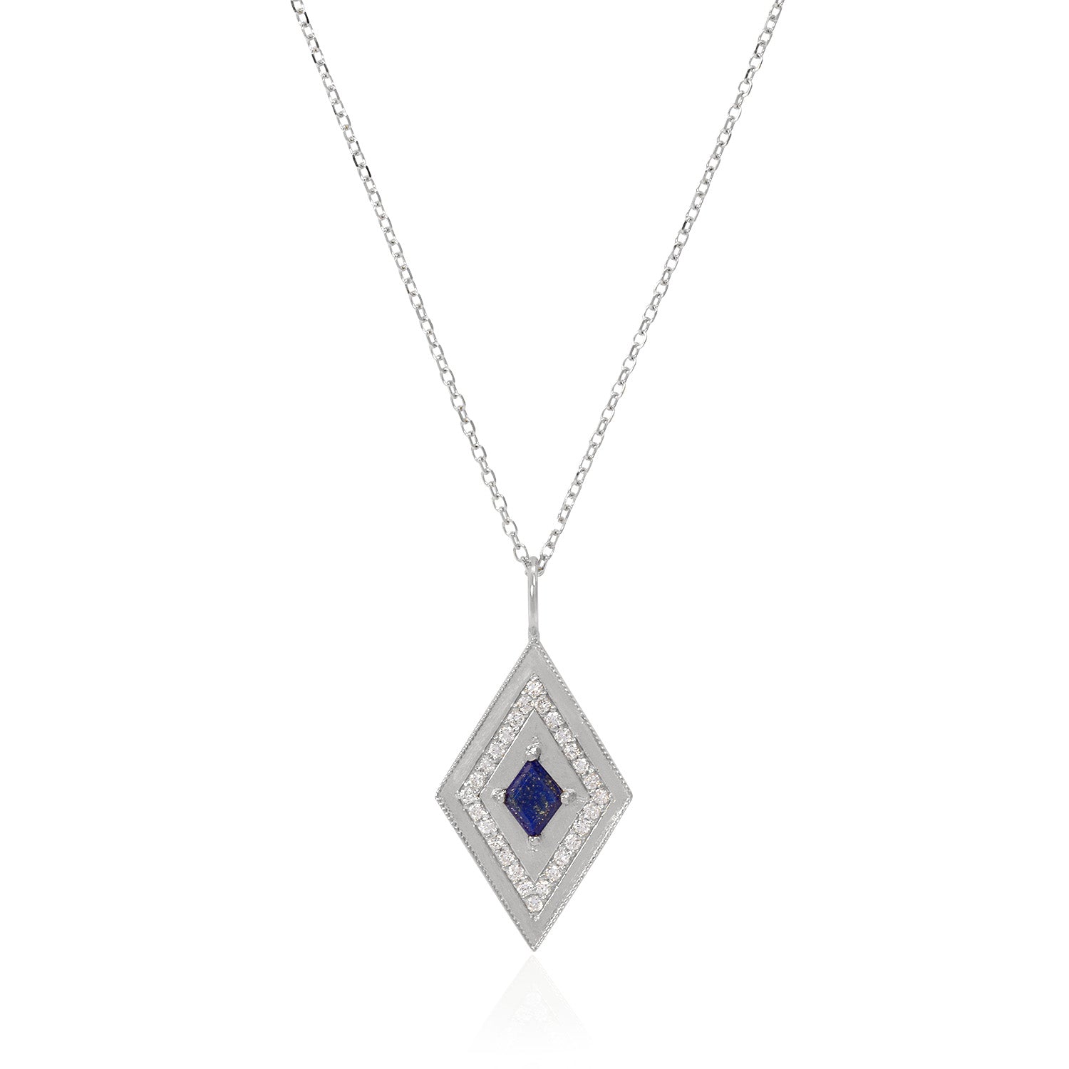 Vale Jewelry Large Theodora Necklace with Kite Cut Lapis Lazuli Center and White Diamond Pave Accents in 14 Karat White Gold Close Up