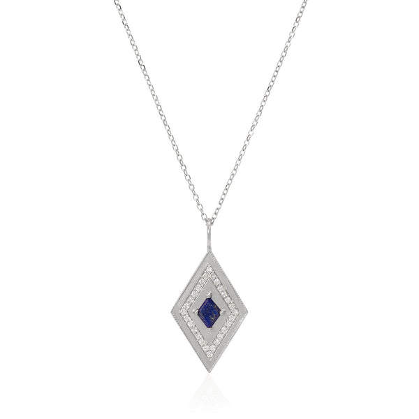 Vale Jewelry Large Theodora Necklace with Kite Cut Lapis Lazuli Center and White Diamond Pave Accents in 14 Karat White Gold Close Up