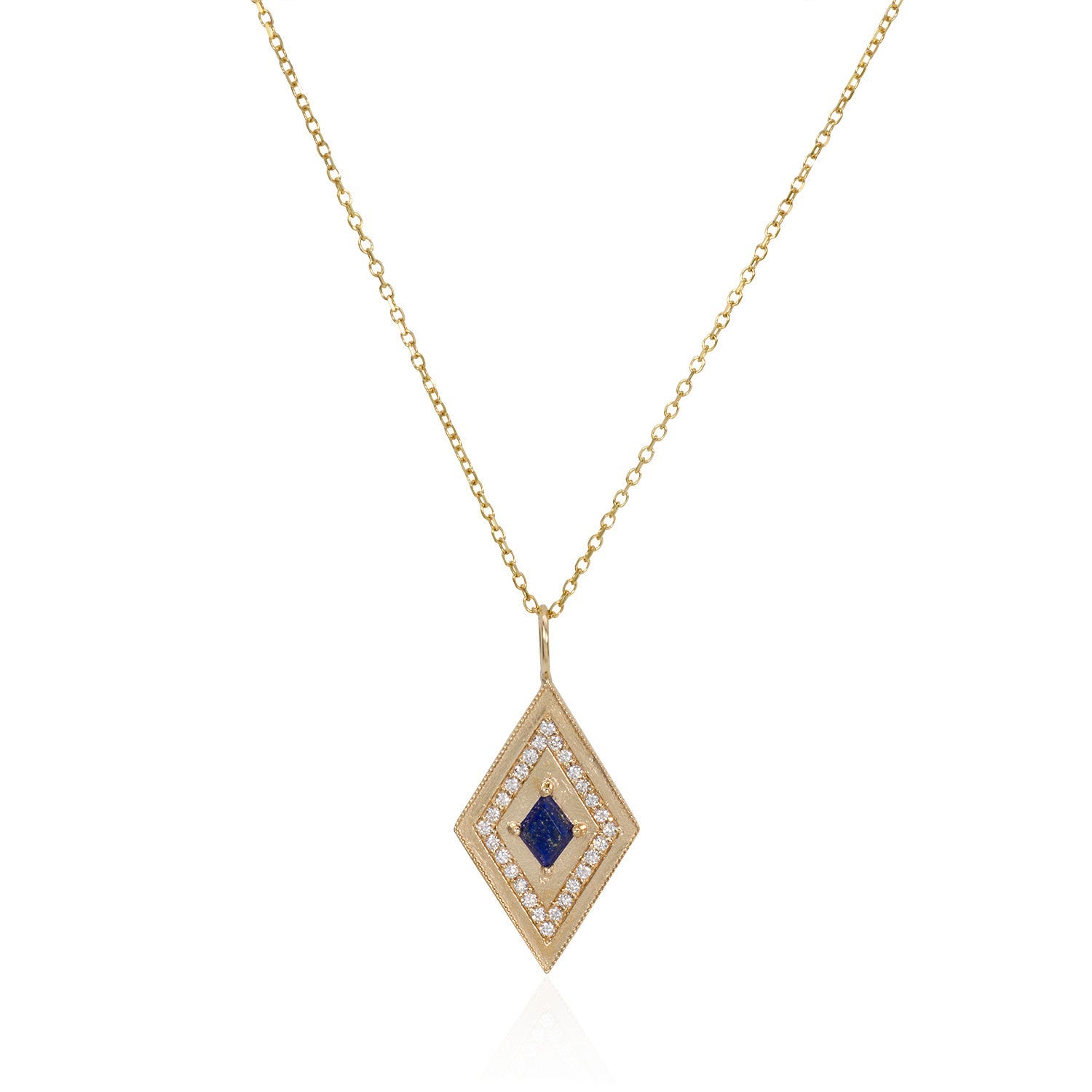 Vale Jewelry Large Theodora Necklace with Kite Cut Lapis Lazuli Center and White Diamond Pave Accents in 14 Karat Yellow Gold Close Up