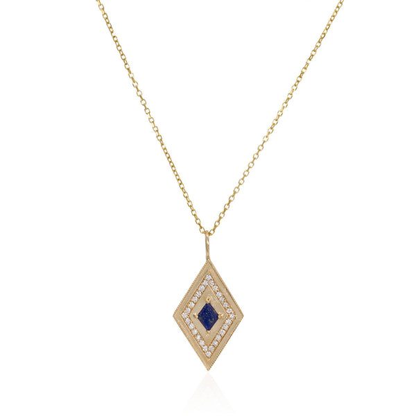 Vale Jewelry Large Theodora Necklace with Kite Cut Lapis Lazuli Center and White Diamond Pave Accents in 14 Karat Yellow Gold Close Up