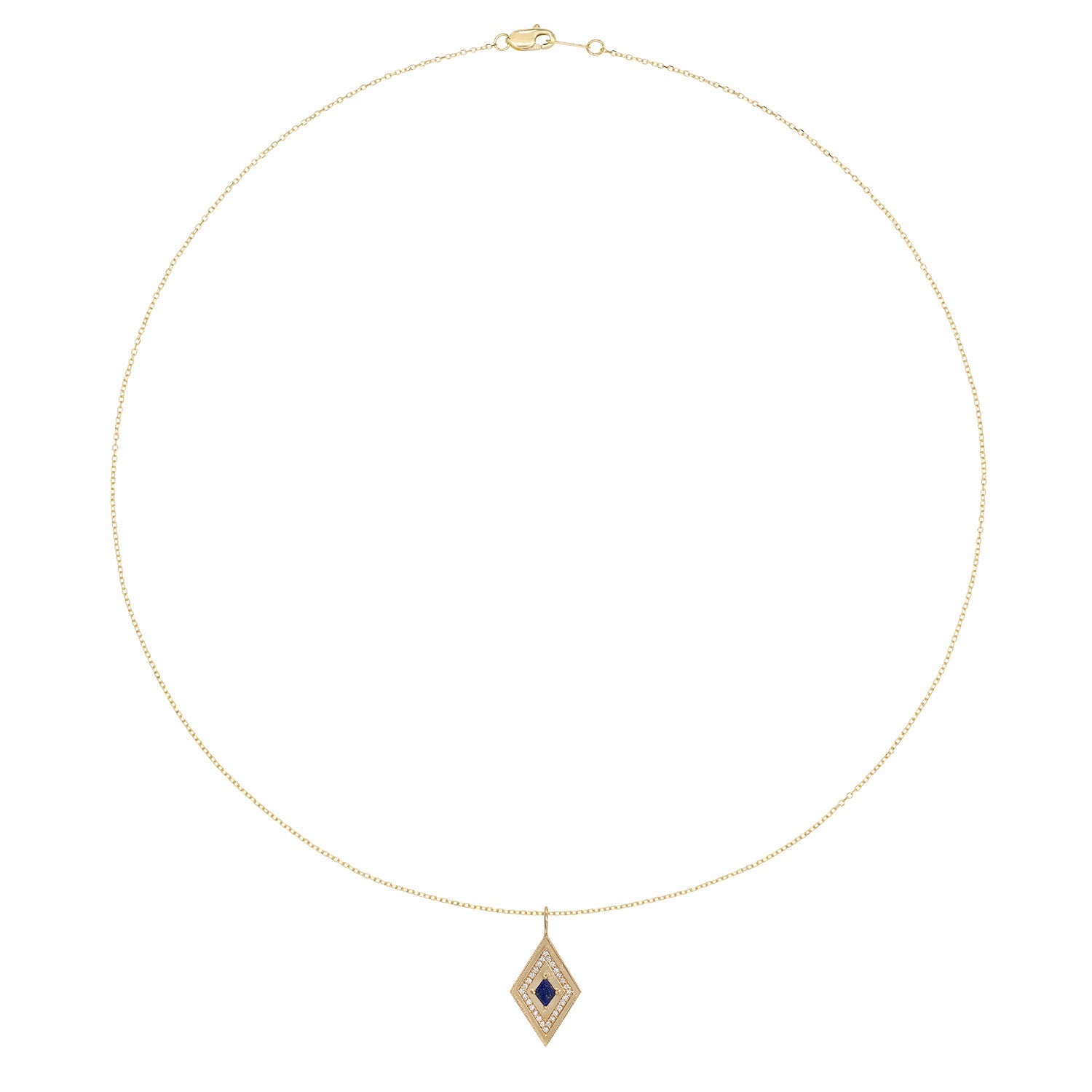 Vale Jewelry Large Theodora Necklace with Kite Cut Lapis Lazuli Center and White Diamond Pave Accents in 14 Karat Yellow Gold Full View