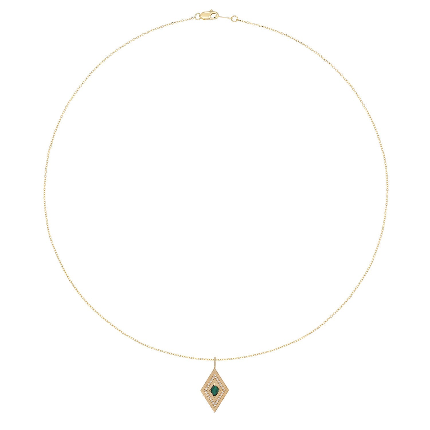 Vale Jewelry Large Theodora Necklace with Kite Cut Malachite Center and White Diamond Pave Accents in 14 Karat Yellow Gold Full View