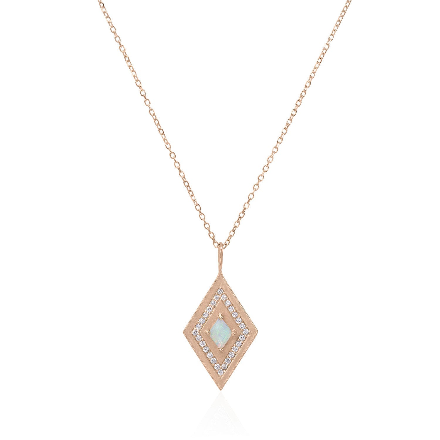 Vale Jewelry Large Theodora Necklace with Kite Cut Opal Center and White Diamond Pave Accents in 14 Karat Rose Gold Close Up