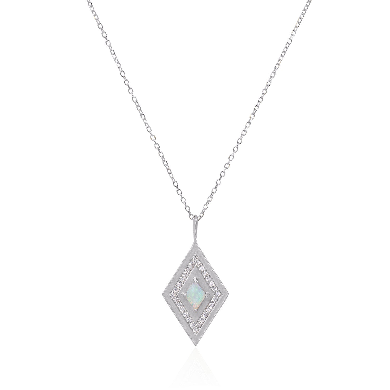 Vale Jewelry Large Theodora Necklace with Kite Cut Opal Center and White Diamond Pave Accents in 14 Karat White Gold Close Up
