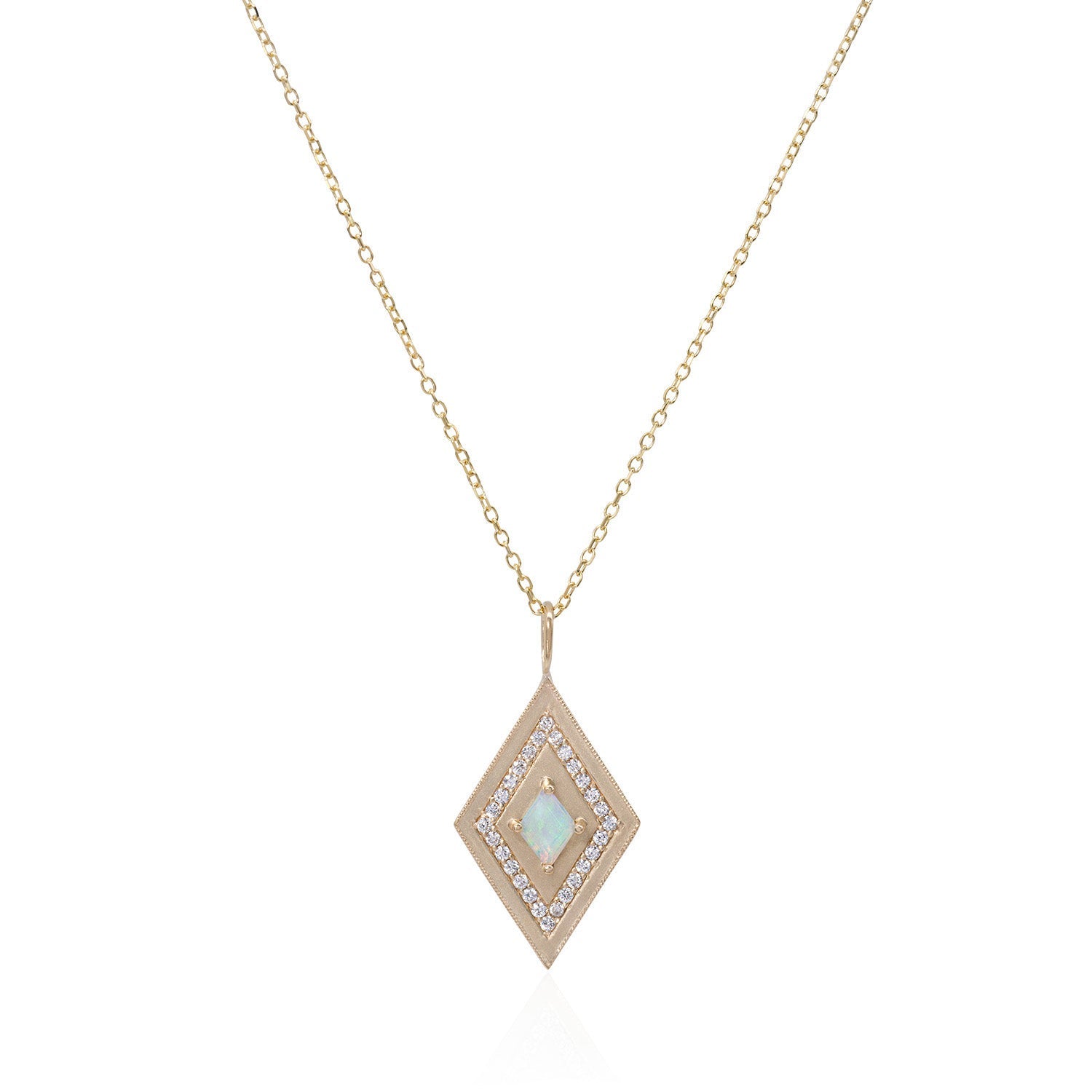 Vale Jewelry Large Theodora Necklace with Kite Cut Opal Center and White Diamond Pave Accents in 14 Karat Yellow Gold Close Up