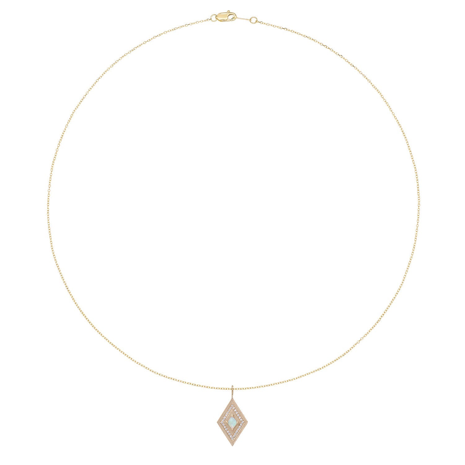 Vale Jewelry Large Theodora Necklace with Kite Cut Opal Center and White Diamond Pave Accents in 14 Karat Yellow Gold Full View