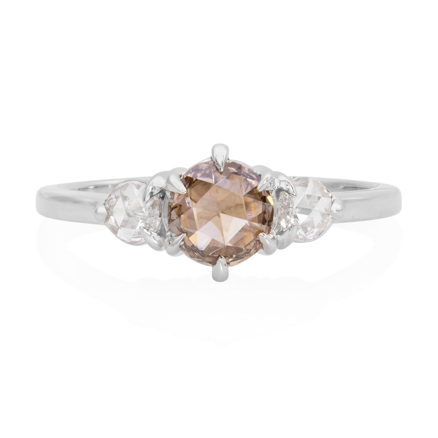 Vale Jewelry Large Tidals Ring with Champagne and White Diamond Rose Cuts in 14 Karat White Gold Front View