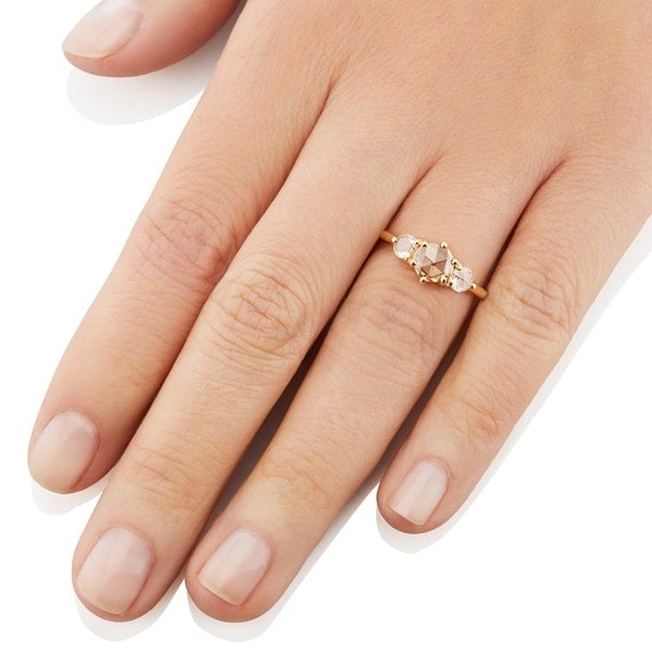 Vale Jewelry Large Tidals Ring with Champagne and White Diamond Rose Cuts in 14 Karat Yellow Gold Hand View