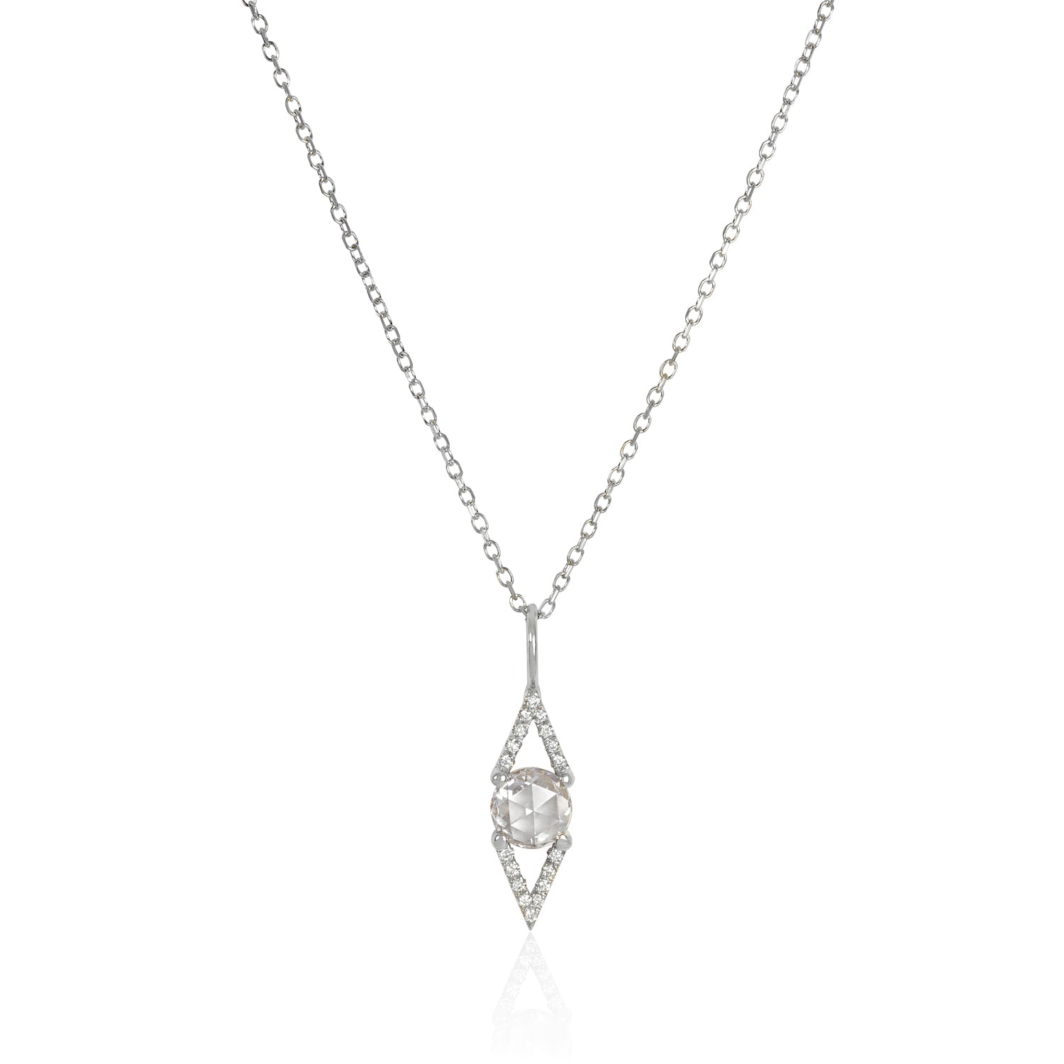Vale Jewelry Large Victoire Necklace with White Rose Cut Diamond and White Diamond Pave on Diamond Cut Cable Chain in 14 Karat White Gold Close Up