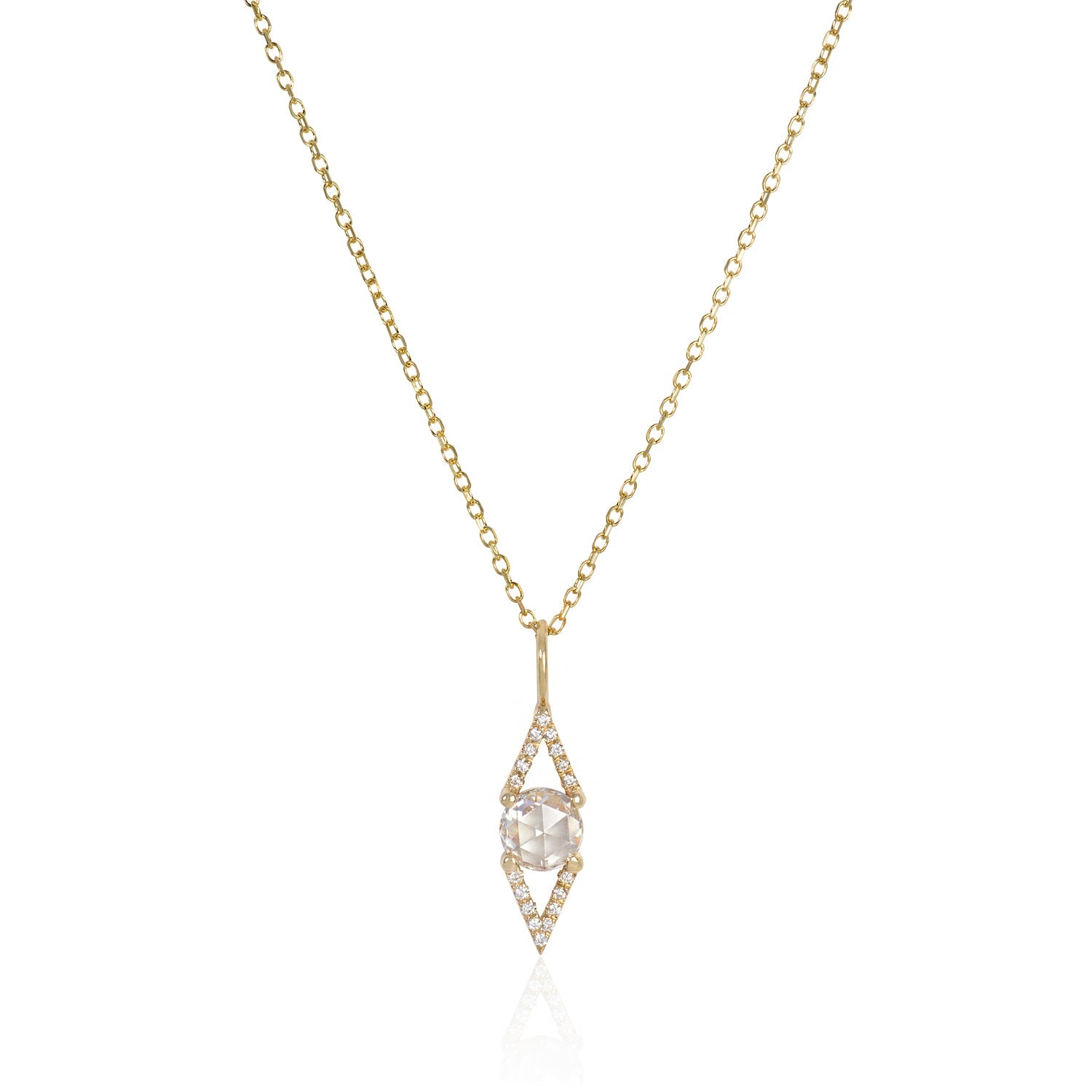 Vale Jewelry Large Victoire Necklace with White Rose Cut Diamond and White Diamond Pave on Diamond Cut Cable Chain in 14 Karat Yellow Gold Close Up